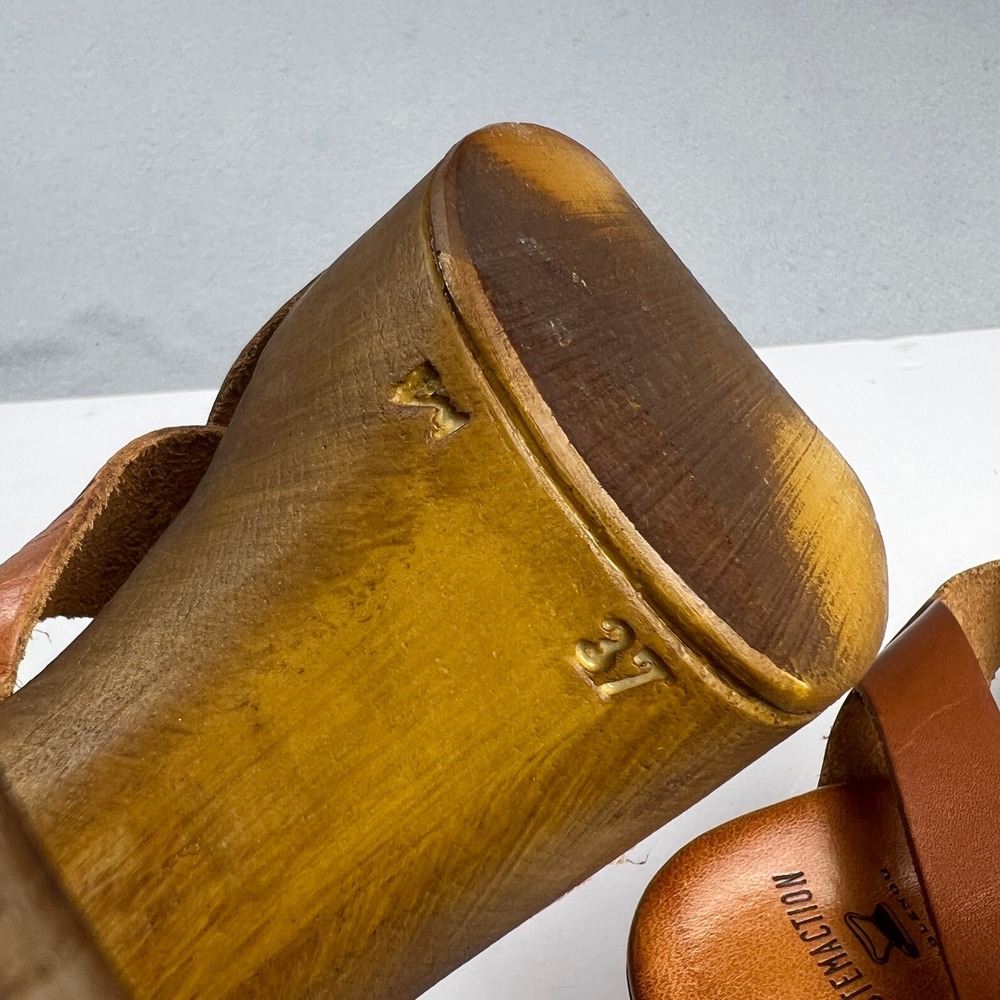 Brown Leather Wood Block Heel Boho Retro Platform Sandals Made in Italy Size 7 - Picture 6 of 16